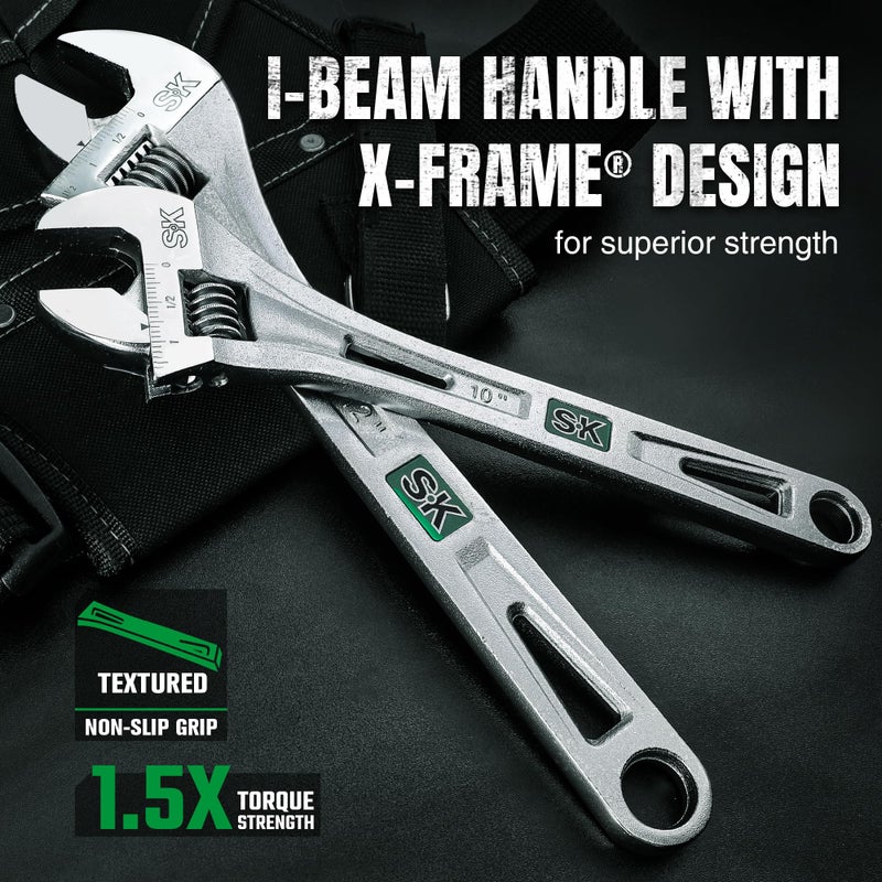 SK 2-Piece Adjustable Wrench Set  10-Inch  12-Inch  Cr-V Steel  SAE & Metric Scales - Image 4